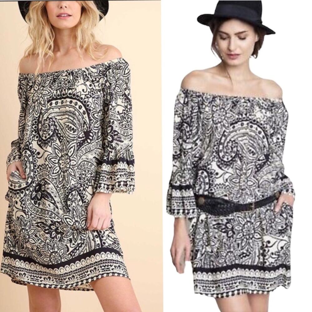 Umgee boho paisley off shoulder dress bell sleeves w pockets